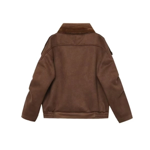 Brown faux suede aviator jacket featuring a thick faux fur collar and ribbed hem