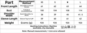 Detailed size chart for women faux fur wool coat with measurements from XS to L