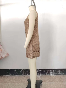 Close-up of champagne gold sequined sleeveless dress showing textured fabric detail