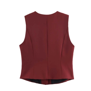 Back view of a slim fit burgundy sleeveless blazer vest with tailored seam details
