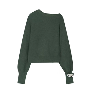 Detail of dark green knit sweater with asymmetric collar and silver metal sleeve buckles