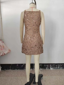 Detailed back view of a brown sequined sleeveless tweed dress with invisible zipper