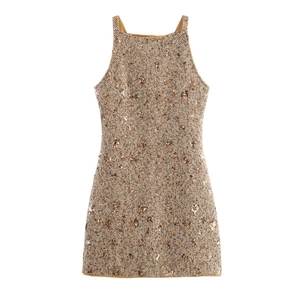 Women's Elegant Sequin Tweed Mini Dress Halter Sleeveless A-Line Gold Party Dress For Banquet Daily Wear