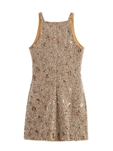 Detail view of tweed mini dress featuring rose gold sequins and a halter neckline
