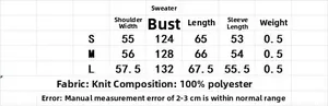 Size chart for women cable knit sweater showing measurements in S, M, and L sizes