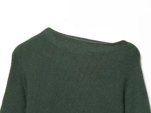 Close-up detail of dark green knit sweater collar with precise stitching and soft texture