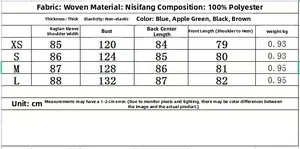 Detailed size chart for solid color hooded winter jacket with fabric specifications