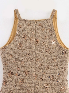 Detail of tweed dress fabric with champagne sequins and seamless invisible back zipper