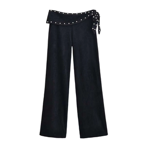 Women High Waist Wide Leg Pants Rivet Bow Tie Decor Polyester Straight Trousers Elegant Commuter Bottoms
