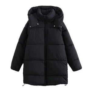 Women's black hooded winter coat with zipper closure and adjustable drawstring hem