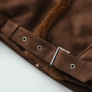 Dark brown suede jacket with faux fur lining and belted waist with silver buckle