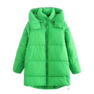 Detail of bright green hooded puffer coat with windproof collar and drawstring hem