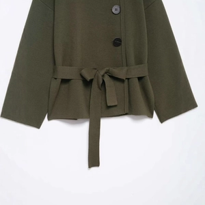 Army green cable knit cardigan for women with black buttons and matching waist belt