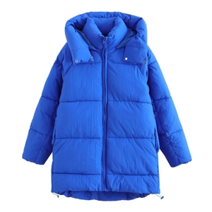 Bright blue winter padded hooded jacket with quilted design and adjustable drawstring hem