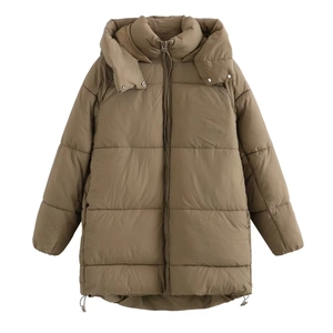 Women's winter oversized hooded padded jacket in khaki with quilted windproof fabric