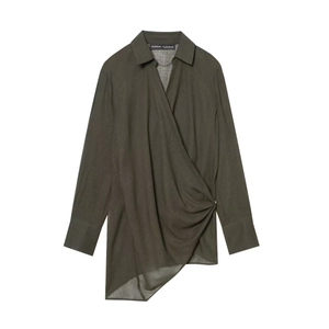 Damen Casual Wickel V-Ausschnitt Langarm Hemd Armeegrün Asymmetrischer Saum Geraffte Büro Bluse Einfarbig Herbst Mode Top