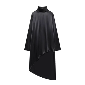 Women High Neck Asymmetrical Satin Dress Long Sleeve Solid Color Elegant Party Evening Banquet Dress Non Stretch Maxi Dress