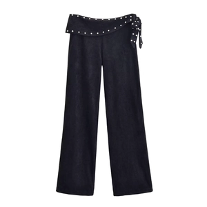 Elegant high-waisted wide-leg black trousers with stud detailing and waist tie bow