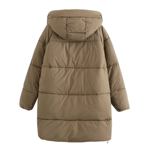 Back view of a long puffer coat in khaki with horizontal quilting and an integrated hood
