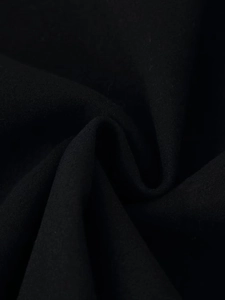 Detailed close-up showing the heavy wool fabric texture and soft drape of the black coat