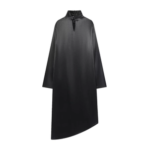 Elegant black satin long sleeve dress with high neck cut-out and asymmetrical hem