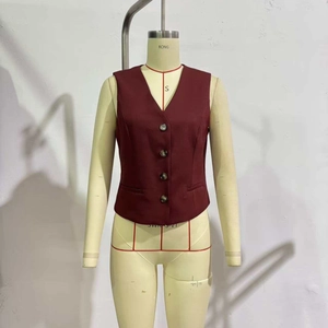 Slim fit women's burgundy suit vest with deep V-neck and single-breasted buttons