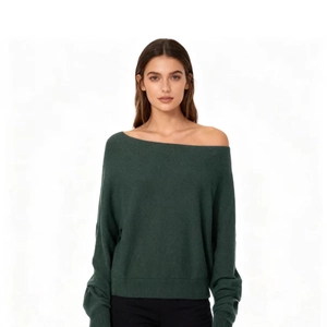 Women's deep green off-shoulder knit sweater with ribbed cuffs for autumn wear