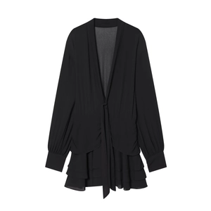 Schwarzes Chiffon Mini Kleid Tiefer V-Ausschnitt Langarm Gestuftes Rüschen Lagenlook Drapiert Bindegürtel Modisch Für Damen