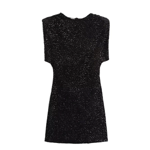 Robe Courte à Paillettes Noires pour Femmes Avec Épaulettes Sans Manches Moulante Robe de Soirée Élégante Lien à Nouer Clubwear
