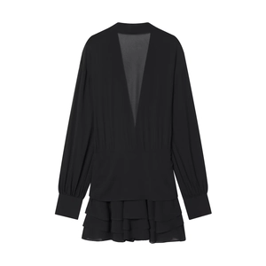 Elegantes schwarzes Minikleid mit tiefem V-Ausschnitt, langen Ärmeln und Stufenvolants