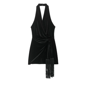 Women's black velvet halter mini dress with deep V-neck and long fringe tassel detail