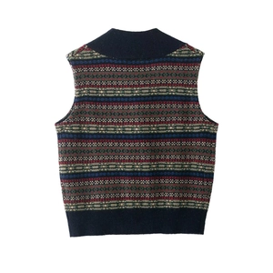 Vintage Fair Isle knitted vest with geometric patterns in navy blue and red