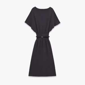 Abito Midi in Maglia Elegante da Donna Manica a Pipistrello Girocollo Tinta Unita Vita Alta Linea a A con Cintura