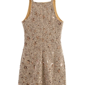 Elegant tweed sleeveless dress with rose gold sequins and a back zipper closure