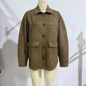 Women's brown faux suede short jacket with classic collar and double front pockets