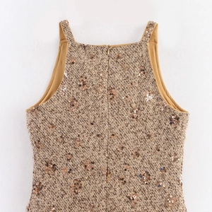 Sparkly gold tweed mini dress with sequins, square neckline and wide straps for parties