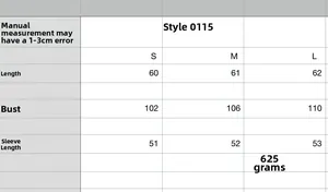 Size chart table for knit cardigan showing length, chest, and sleeve measurements