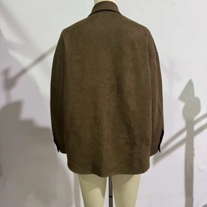 Back view of oversized dark brown faux suede shirt jacket with dropped shoulders