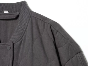 Detail of charcoal grey quilted jacket with rib-knit collar and metallic snap buttons