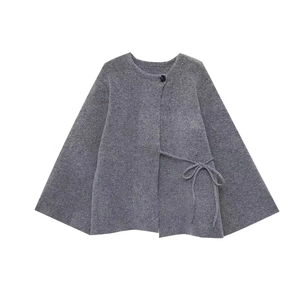 Women Casual Knitted Cardigan Sweater Round Neck Single Button Bell Sleeve Wide Cuff Loose Tie Waist Outwear Solid Gray