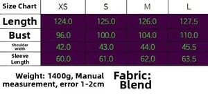 Detailed size chart with measurements for the elegant winter wool coat in XS to L sizes