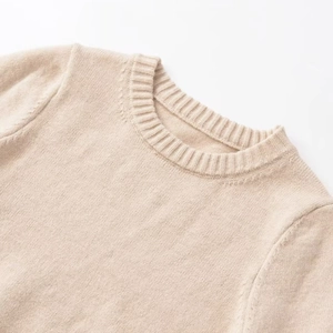 Minimalist beige round neck knit sweater with premium ribbed collar and soft texture
