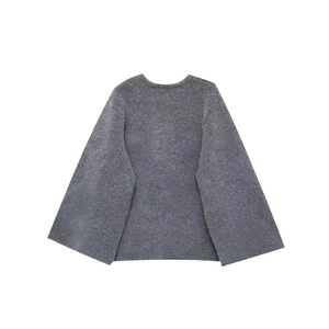 Oversized dark grey knit cardigan with wide bell sleeves and round neck on white background