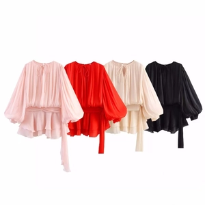 Elegant Pleated Chiffon Mini Dress For Women Round Neck Tie Up Lantern Sleeve Ruffle Hem Solid Color Summer Fashion Dress