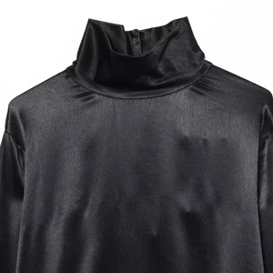 Elegant black turtleneck satin top for women with smooth glossy texture and minimalist design