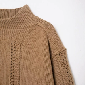 Chunky cable knit turtleneck sweater in brown featuring premium thick fabric texture