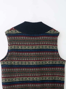 Close-up of Fair Isle geometric knit pattern and ribbed neckline on the vest
