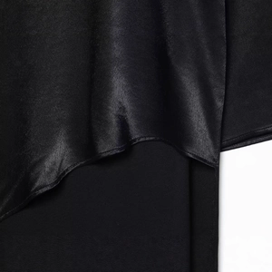 Close-up of black high-neck slim fit dress featuring silk-like glossy satin fabric texture