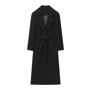 Elegant black wool blend long coat with belted waist and notched lapel for women