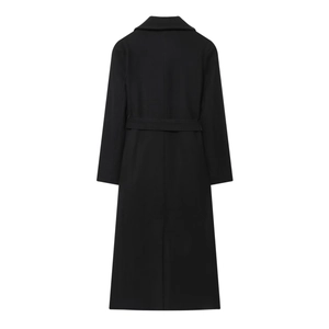 Elegant full-length black wool coat for women with waist belt shown from back view
